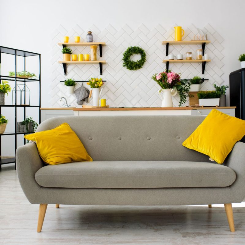 Spacious modern scandinavian loft kitchen with white tiles. bright room. modern interior.